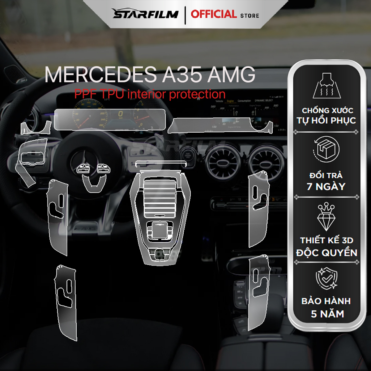 Mercedes Benz A35 AMG PPF TPU nội thất chống xước tự hồi phục STARFILM